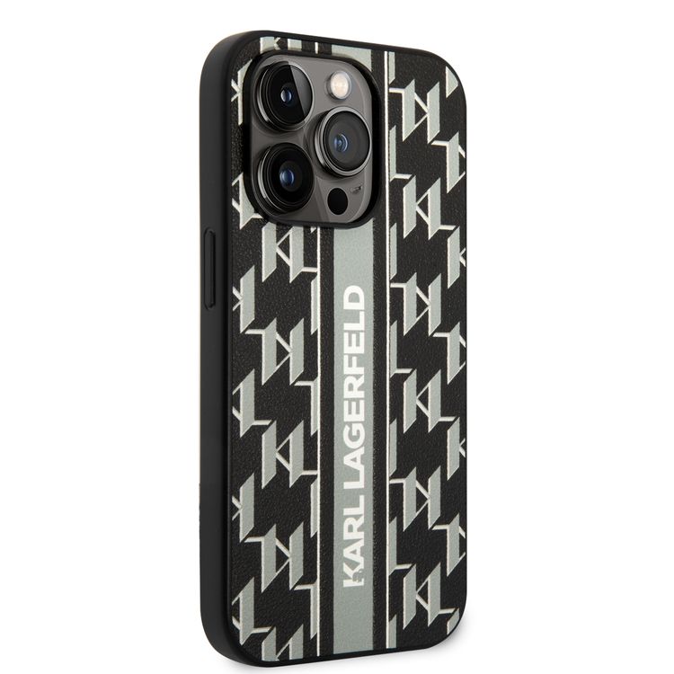 Karl Lagerfeld Grained PU Leather Case with Monogram Pattern & Vertical Logo Compatble iPhone 14 Pro Compatibility - Gray