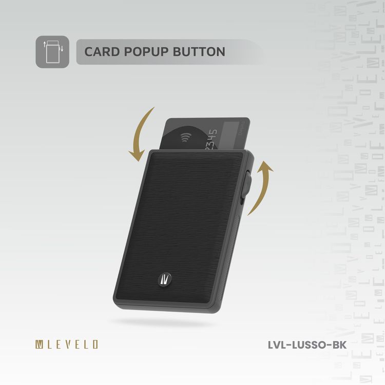حامل بطاقات Levelo Lusso MagSafe مع مغناطيس MagSafe قوي، جلد PU سافيانو، 3 فتحات للبطاقات، زر منبثق للبطاقات - أسود