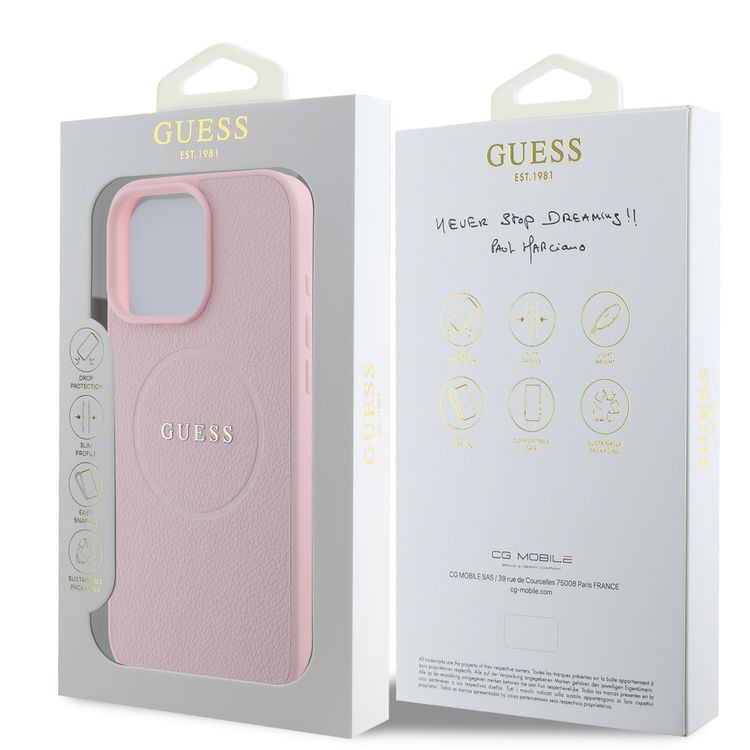 Guess Magsafe PU Grained with Gold Ring and Logo Case for iPhone 16 Pro Max, High Quality Material, Comfortable and Secure Grip, Lightweight - Pink