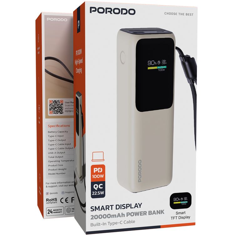 Porodo 20000mAh Power Bank with Smart TFT Display, USB-C & USB-A Ports, Built-in Safeguards, 100W Power Delivery, Fast Charge, 15W Total Output, Built-in USB-C Cable - Beige