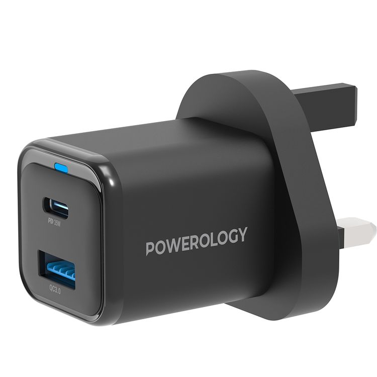 Powerology Super Compact Quick Charger with USB-C To Lightning Braided Cable, 35W Power Delivery, Simultaneous Fast Charging, Lightweight & Portable - Black