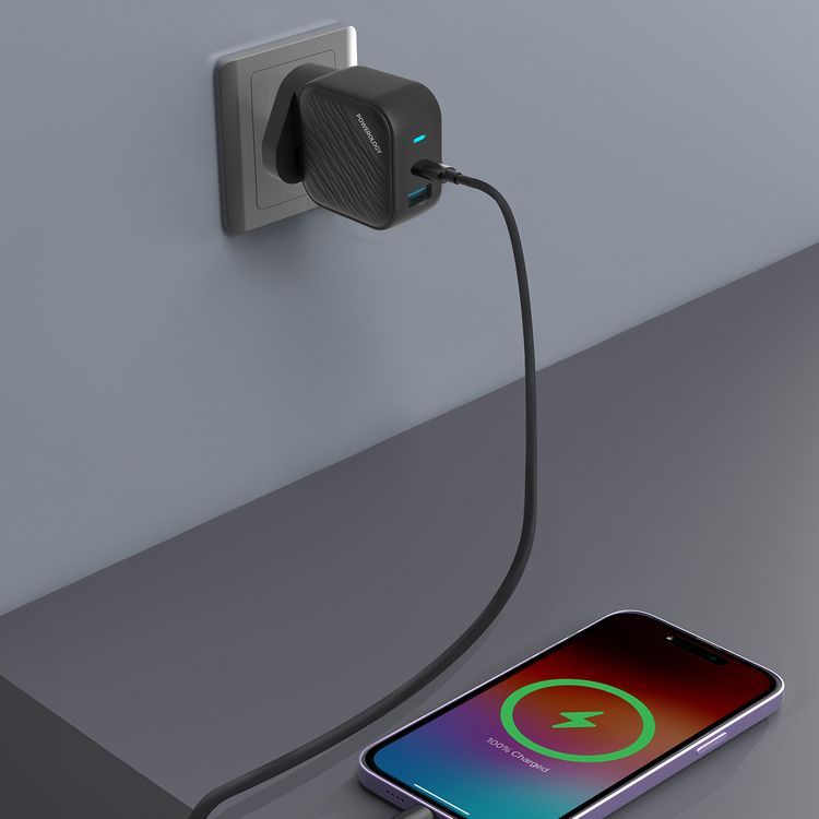 Powerology GaN Dual-Port Wall Charger with 45W Power Delivery, Built-in Safeguards, Universal Compatibility, 1.2A Rated Current, AC 100-240V Rated Voltage - Black