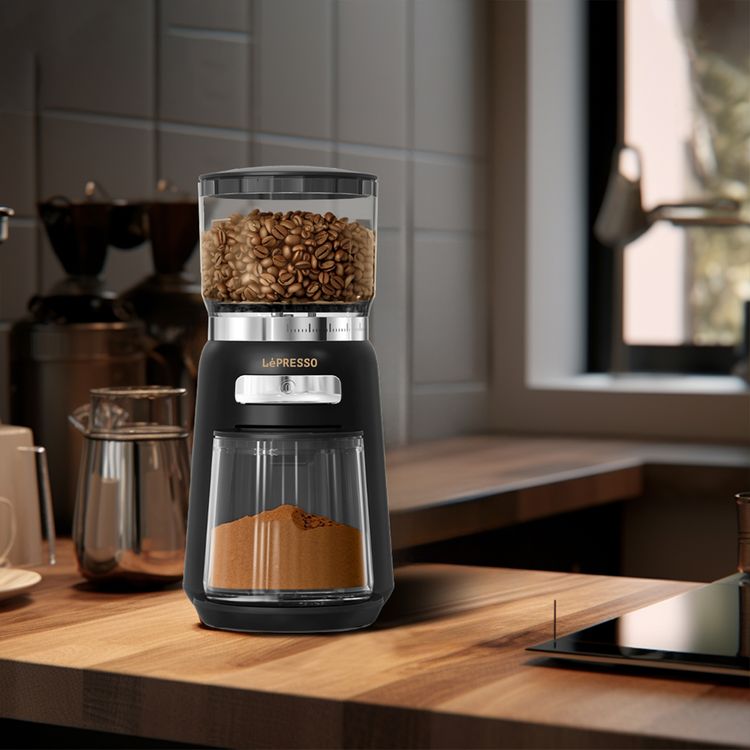 LePresso High Performance Coffee Bean Grinder with User-Friendly Design, 150W Power, Durable ABS Material, 210g Bean Box Capacity, 120g  Powder Cup Capacity - Black