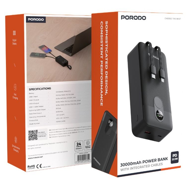 Porodo 20000mAh Power Bank with Built-in Type-C & Lightning Cables, 22.5W Power Delivery, Simultaneous Charging, 0%-60% Charge in 35 Minutes, Digital Display - Black