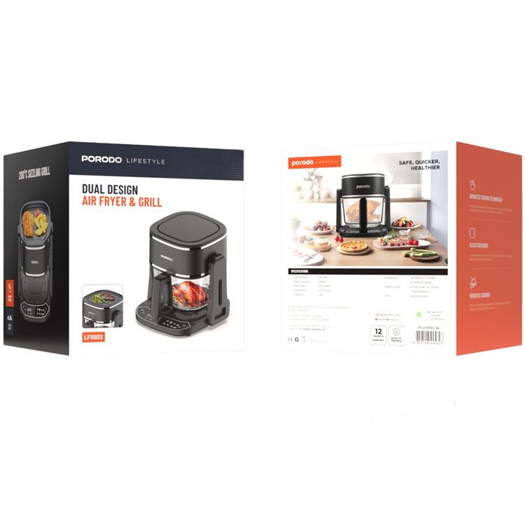 قلاية هوائية وشواية من بورودو لايفستايل بتصميم مزدوج مع 8 وظائف مبرمجة مسبقًا، سعة 4.5 لتر، حاوية زجاجية مقاومة للحرارة، مؤقت يصل إلى 60 دقيقة، قابس كهربائي ثلاثي الأطراف - لوحة لمسية - أسود