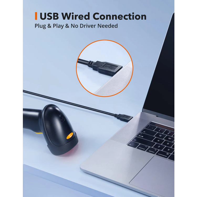 Taotronics USB Barcode Scanner with Auto Sensing Technology, Widely Decode Ability, Ergonomic Design, Plug and Play, 5mil Resolution, 1.5m Cable Length, 100 Scans per Second - Black