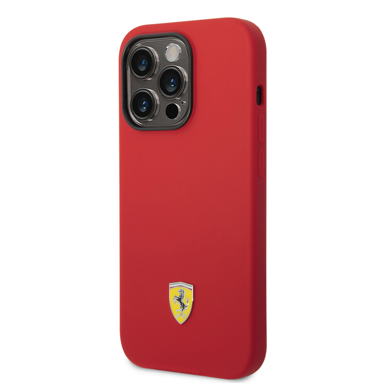 Ferrari Liquid Silicone Case with Black Camera Outline & Metal Logo iPhone 14 Pro Compatibility - Red