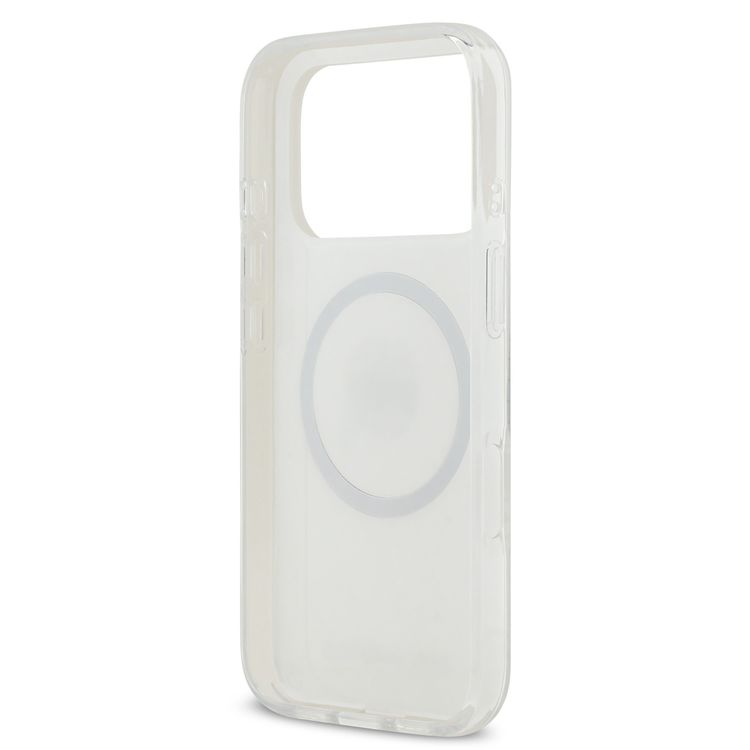 غطاء كارل لاغرفيلد MagSafe IML Glitter & KL Repeated مع رأس كارل لأيفون 17 برو ماكس، تصميم نحيف، حماية من السقوط، سهل التركيب، تغليف مستدام، قبضة مريحة، تصميم خفيف الوزن - أبيض