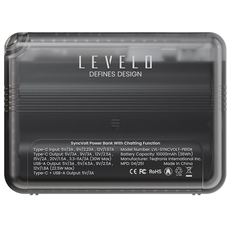 بنك الطاقة Levelo Syncvolt 10000mAh شاتينج مع منافذ إخراج USB-A وType-C، توصيل طاقة PD بقدرة 30W، شحن متزامن، اتصال عبر الرسائل القصيرة، شاشة نقطية - شفاف