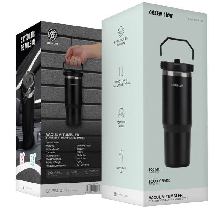 كأس تفريغ من جرين ليون بسعة 900 مل، مصنوع من الفولاذ المقاوم للصدأ، عزل فراغي ذو جدار مزدوج، غطاء بشفاطة قابلة للطي، مقبض محمول، مواد آمنة للأطعمة - باللون الأسود