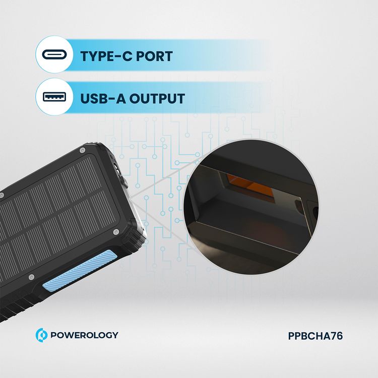 Powerology 20000mAh Solar Wireless Charging Power Bank with Simultaneous Charging, Multi-Mode Flashlight, 0% - 65% Charging in 35 Minutes, 70mm Cable Length - Black