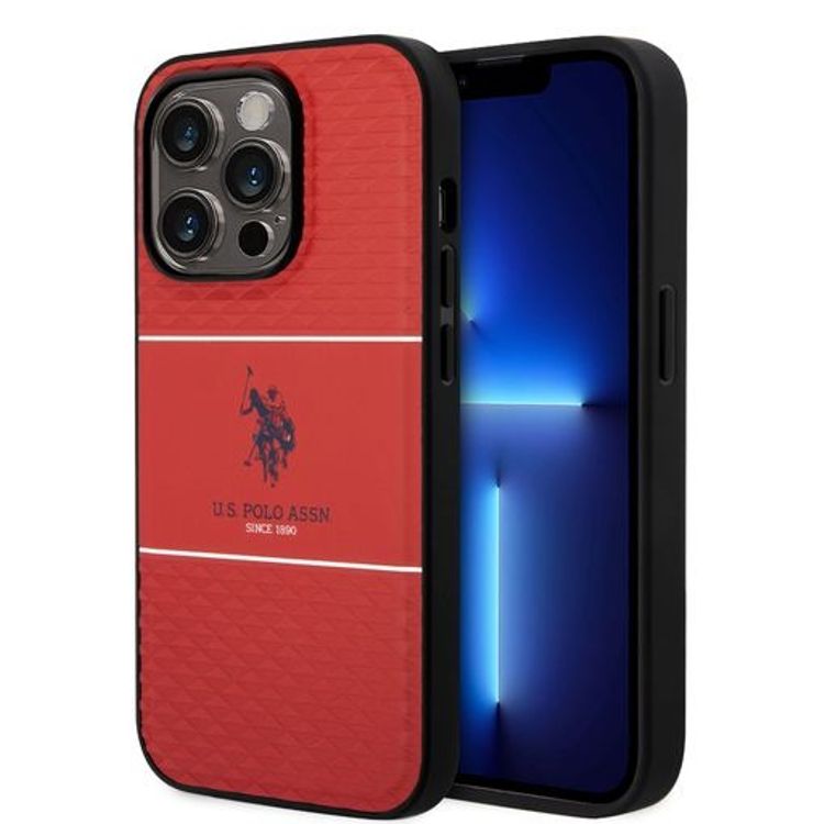 حافظة صلبة مخططة من US Polo لهاتف iPhone 14 Pro - أحمر
