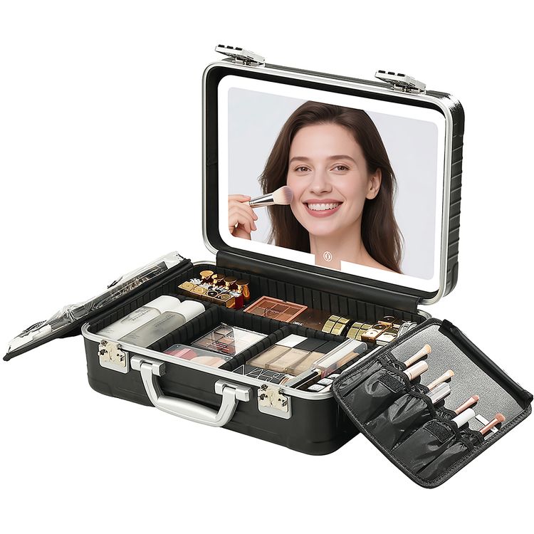 Porodo Travel Makeup Case with Detachable LED Mirror, 3000mA Battery, 144 LED Beads, 2800-6500K Color Temperature, 3 Light Modes, USB-C Charging Interface, Multiple Compartments - Black