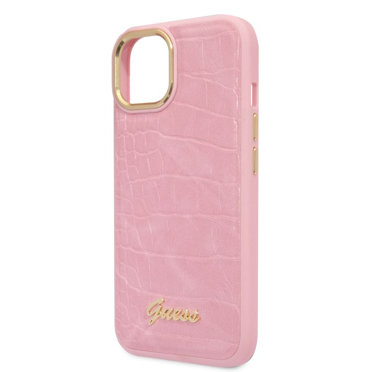 Guess PU Croco Case with Metal Camera Outline, Latest Design iPhone 14 Plus Compatibility - Pink