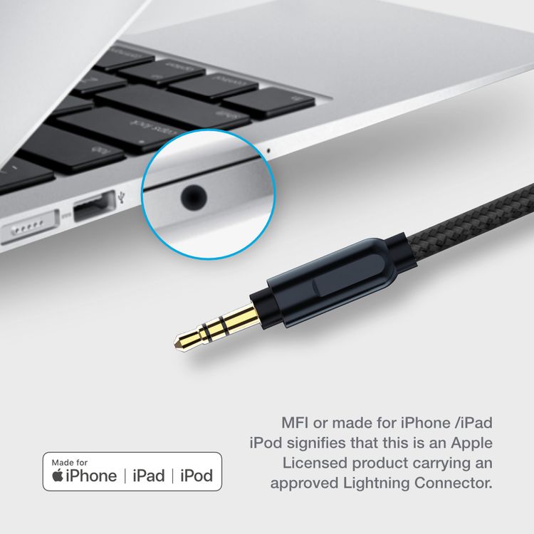 Powerology Lightning to Aux Cable with Aluminum Braided Coil, 1.2m Length, +5000 Bends Lifespan - Gray