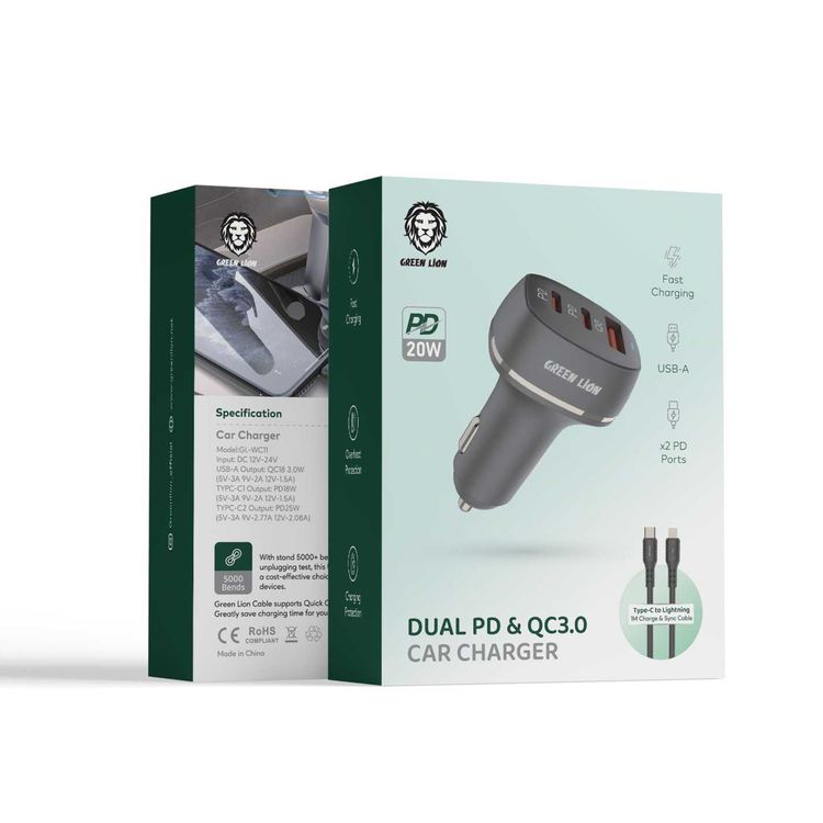 Green Lion Car Charger with 1m Type-C to Lightning Cable, Overheat Protection, Fast Charging, 2 PD Ports, QC 3.0 Port, Compact & Lightweight Design - Black 
