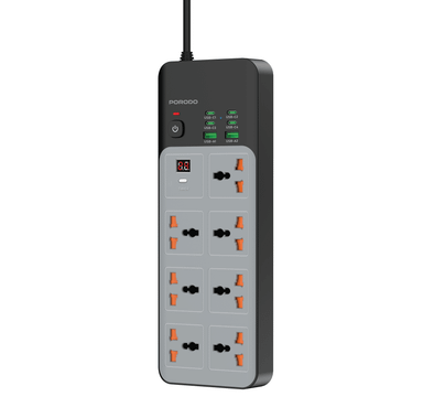 Porodo 3000W Universal Power Strip with 7×AC Sockets, 4×Type-C & 2×USB-A Ports, Safety Power Switch, 24-Hour Timer, Built-in Surge Protection, Fireproof PC Material, UK 3-Pin with 3m Cord Length, Multi-Device Charging - Grey