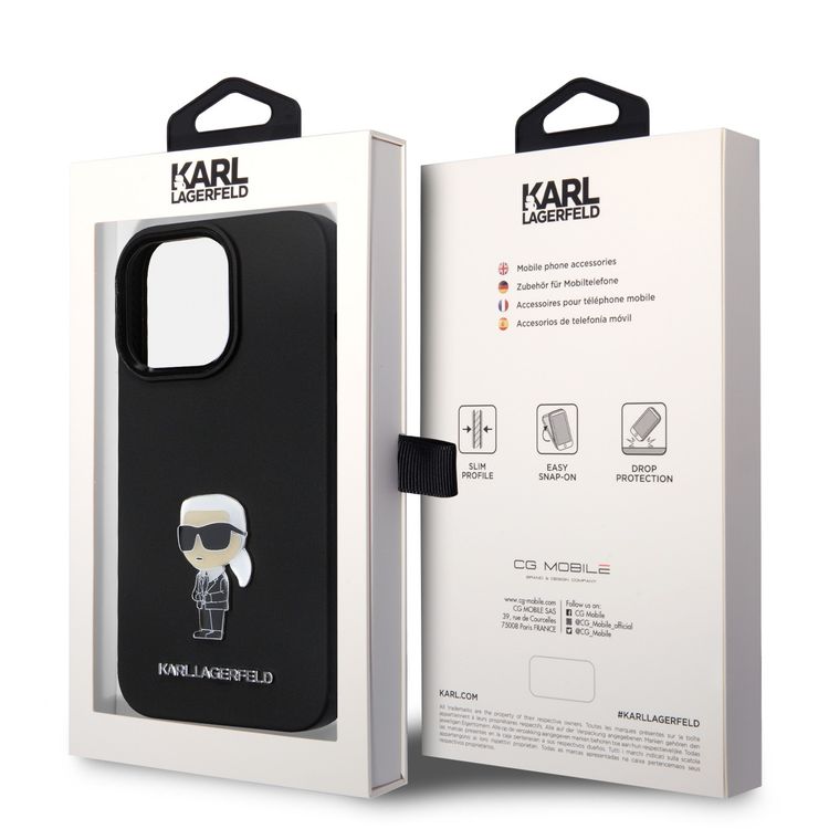حافظة كارل لاغرفيلد الصلبة من السيليكون مع شعار Ikonik NFT ودبوس معدني لهاتف iPhone 15 Pro - أسود