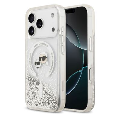Karl Lagerfeld MagSafe Liquid Glitter Case with Karl & Choupette Heads for iPhone 17 Pro Max, Drop Protection, Comfortable Grip, Slim Profile & Lightweight Design, Sustainable Packaging, Easy Snap-On - Transparent