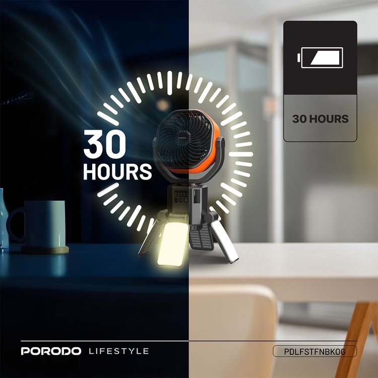Porodo Suncharge Outdoor Solar Fan with LED Lighting & Power Bank Function, 3 LED Brightness Levels, 4 Speed Settings, Foldable Hanging Hook, 150°Auto Oscillation, Up to 30 Hours Working Time, 6000mAh Battery, 5W Rated Power - Black / Orange
