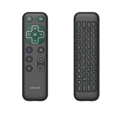 الأسد الأخضر جهاز تحكم عن بعد لاسلكي مع لوحة مفاتيح وفأرة، اتصال 2.4G + Bluetooth، دقة 1200 DPI، منفذ شحن USB-C، سعة بطارية 300 مللي أمبير، مساعد صوتي، لوحة مفاتيح صغيرة، فأرة هوائية – باللون الأسود