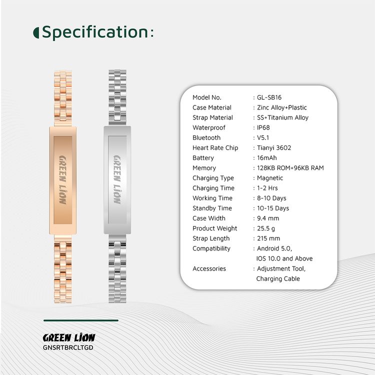 Green Lion Smart Bracelet Zinc Alloy Case with Heart Rate & Sleep Monitoring, Camera Control, 5 Days Working Time, Waterproof, 16mAh Battery Capacity, Bluetooth 5.1 - Gold