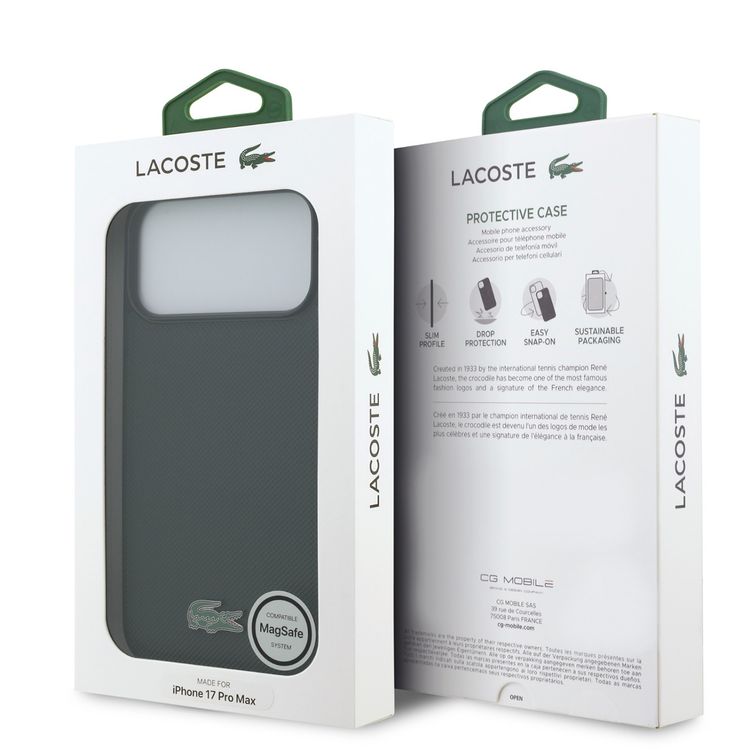 حافظة صلبة من الجلد الصناعي من Lacoste بنظام MagSafe مع شعار Petit Pique الأيقوني لهاتف iPhone 17 Pro Max، حماية ضد السقوط، تصميم نحيف، تصميم سهل التثبيت، تغليف مستدام - أخضر داكن