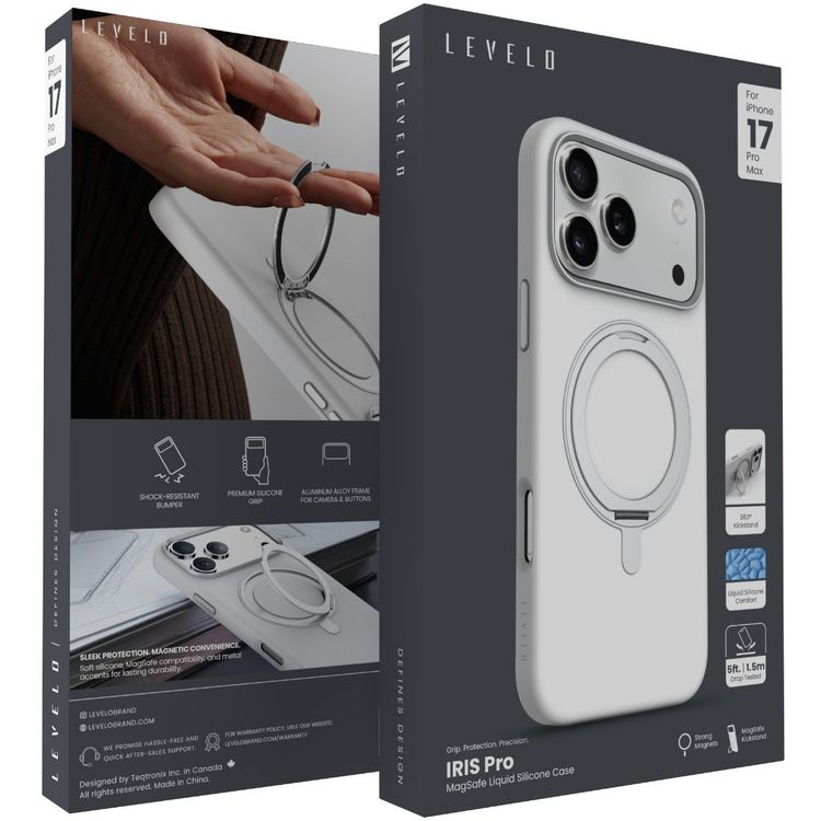Levelo Iris Pro MagSafe Liquid Silicone Case with Built-in 360° Kickstand for iPhone 17 Pro Max, Metal Accents, Shock-Resistant Bumper, Aluminum Alloy Frame for Camera & Buttons, Drop-Tested, Strong Magnets, Premium Silicone Grip - Silver