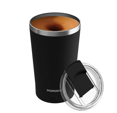 Porodo Automatic Magnetic Stirring Mug with Detachable Base Design, 7000RPM Stirring Speed, IPX6 Water-Resistance Level, 400mL Capacity, Leakproof Silicone Lid, 300mAh Battery, USB-C Charging Port - Black