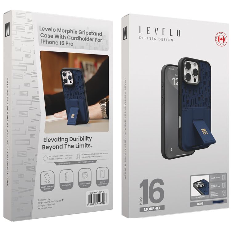 حافظة Levelo Morphix Gripstand مع حامل بطاقات لهاتف iPhone 16 Pro، حامل بطاقات مدمج، زوايا مقاومة للصدمات، ملمس نحيف بدون غطاء، حافة كاميرا مرتفعة، مادة فائقة المتانة - أزرق