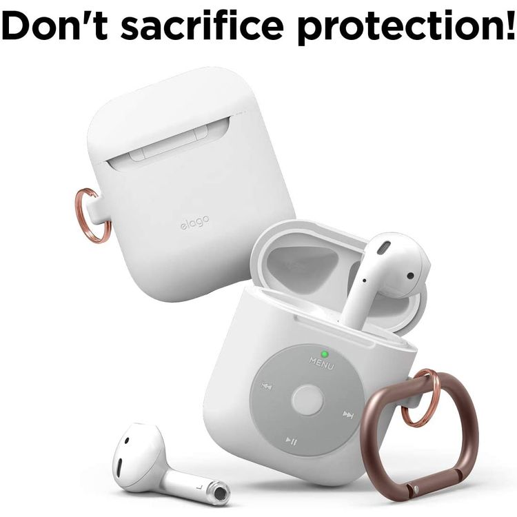 Elago AW6 Hang Case Designed with Anti-Lost Carabiner Compatible for Apple AirPods  1 & 2 Generation, Classic Music Player Design, Supports Wireless Charging, Scratch Resistant