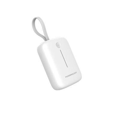 باور بانك 10000 مللي أمبير في الساعة من باورولوجي مع سلك USB-C قابل للفصل، وتوصيل طاقة بقوة 20 وات، وشحن 3 أجهزة، ووضع استعداد طويل الأمد، وتوافق عالمي مع الهواتف، وضمانات مدمجة - أبيض