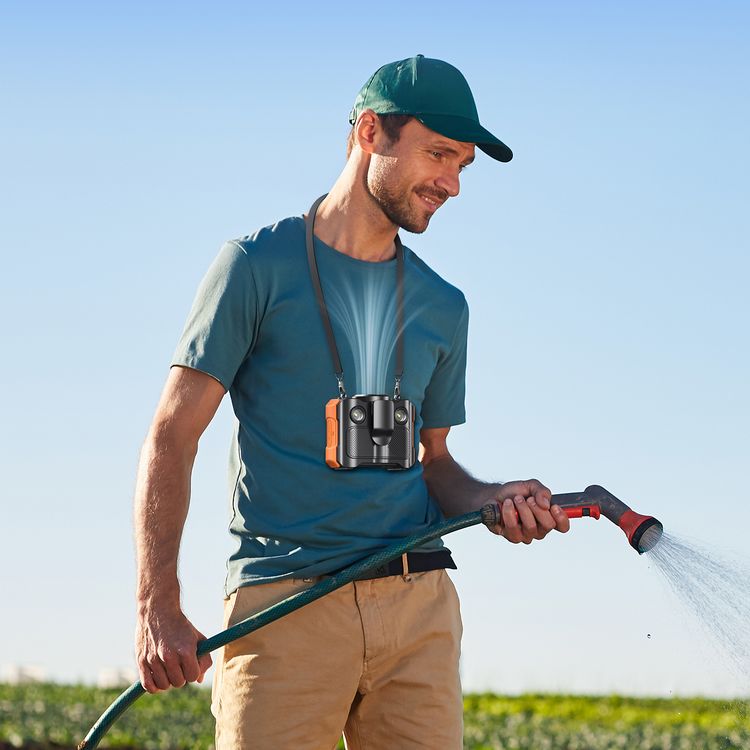 Porodo Lifestyle 800mAh Bluetooth Waist Fan with LED Headlight Function, Bluetooth Music Streaming, Adjustable Cooling Breeze, Comfortable Lanyard, 8000mAh Battery Capacity - Black