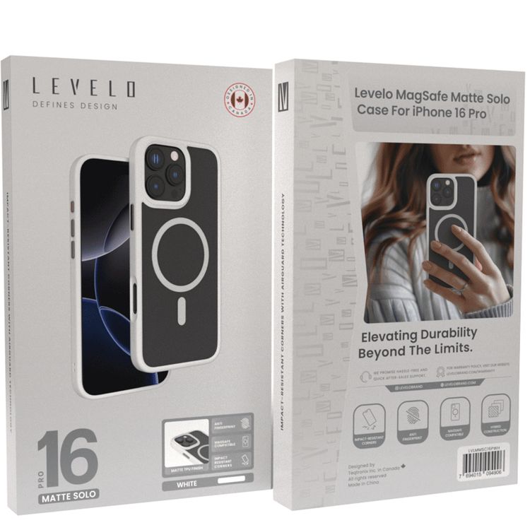 Levelo Matte Solo Case with MagSafe Compatibility for iPhone 16 Pro, Impact-Resistant Corners, Anti-Fingerprint, Hybrid Construction - White