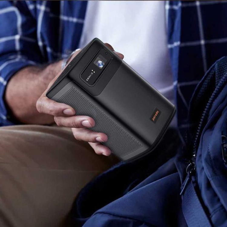 Porodo Portable DLP Projector with Wireless Mirroring for iOS and Android, 8000mAh Battery, 2-3 Hours Working Time, 180 ANSI Brightness, 16:9  Screen Ratio, 2 Integrated Speakers - Black