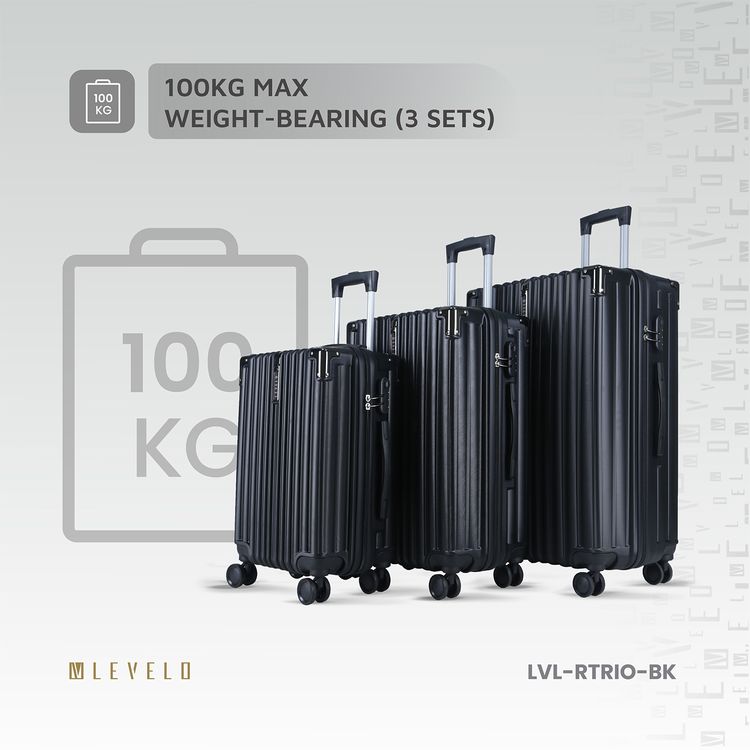 Levelo 3-Set ABS Luggage with Built-in Weighing Scale, Combination Lock, Iron Trolley, Double Wheels, Impact-Resistant Corners & Shock-Resistant, PP & Soft Rubber Handle - Black