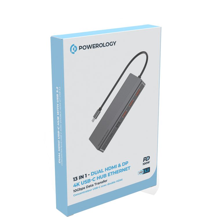 Powerology 13-in-1 USB-C Hub, 4K, HDMI, Type-C, 100W PD, Ethernet, USB SD MicroSD, 3.5 AUX - Gray
