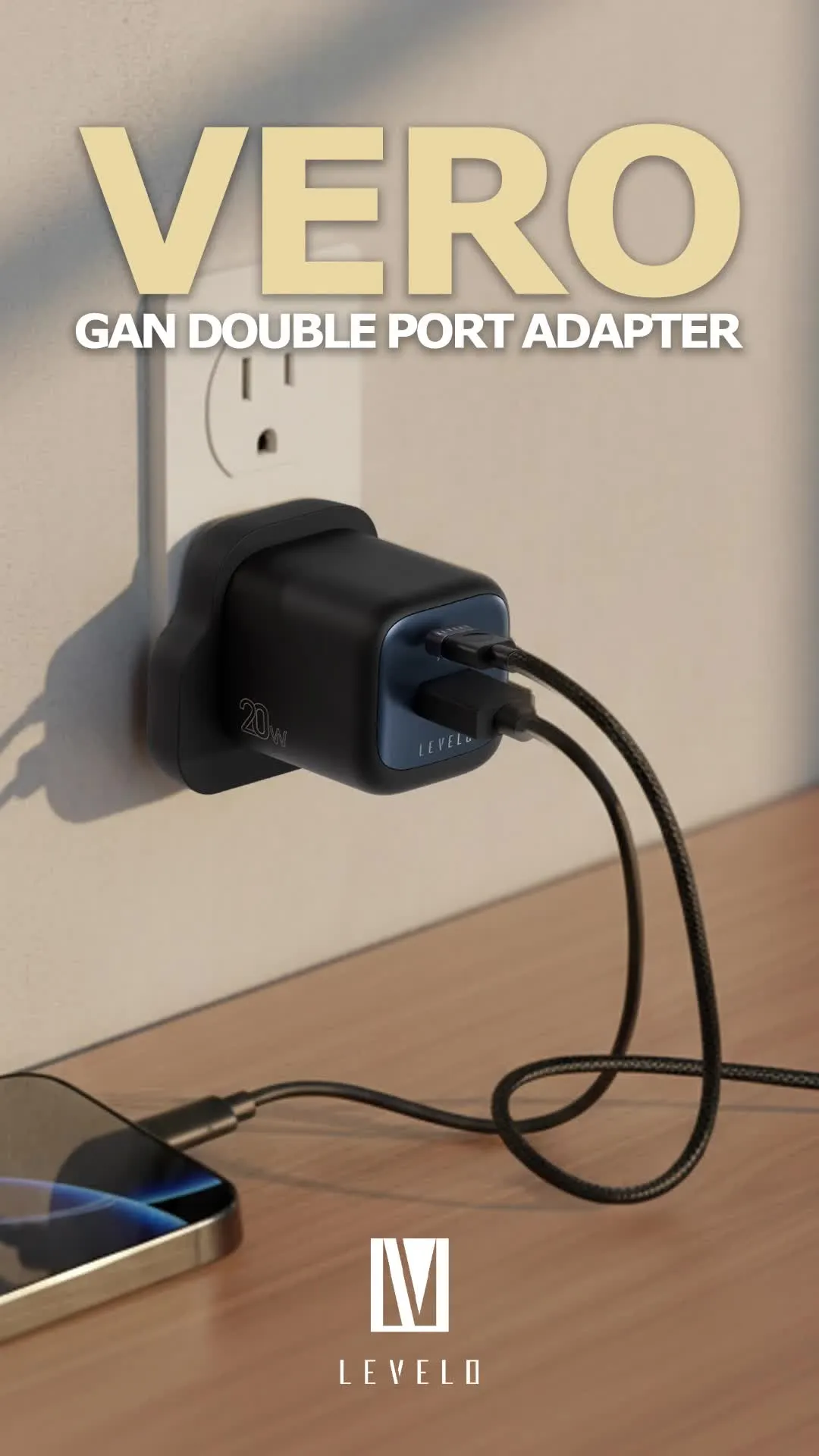 Levelo Vero GaN  Double Port Adapter with Type-C to Type-C Cable, PD 20W, Type-C + USB-A Ports, 20W Max Output, Fast Charging, Over Charge Protection - Black / Blue