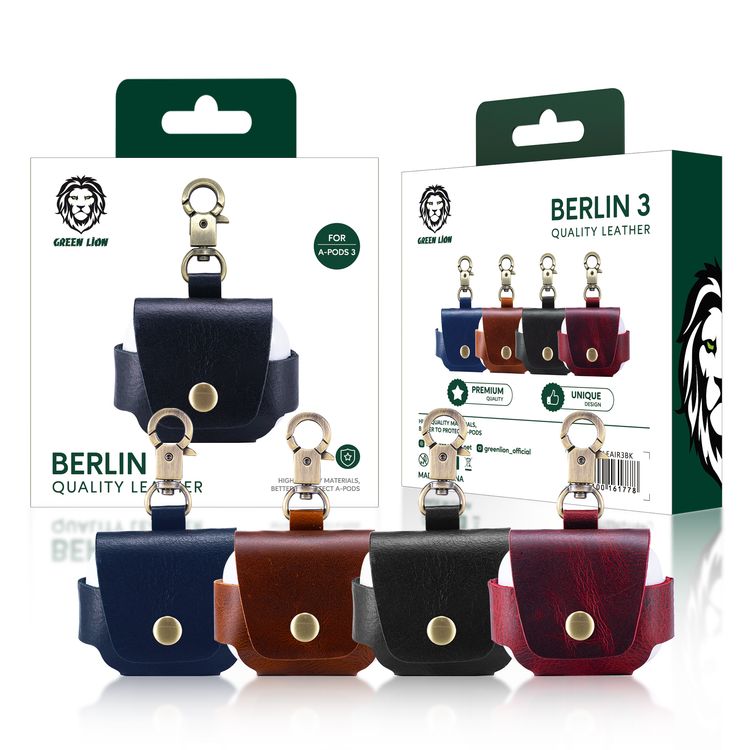 Green Lion Berlin Leather AirPods 3 Case with High-quality Leather, Anti-slip Coating, Anti Bumps and Scratches, Free Keychain, Durable and Lightweight - Black
