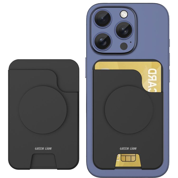 Green Lion W2-MagSafe Wallet with Card Holder, RFID Protection, Easy Access, Quick Attach & Detach, PopGrip Stand, Strong Magnets - Black