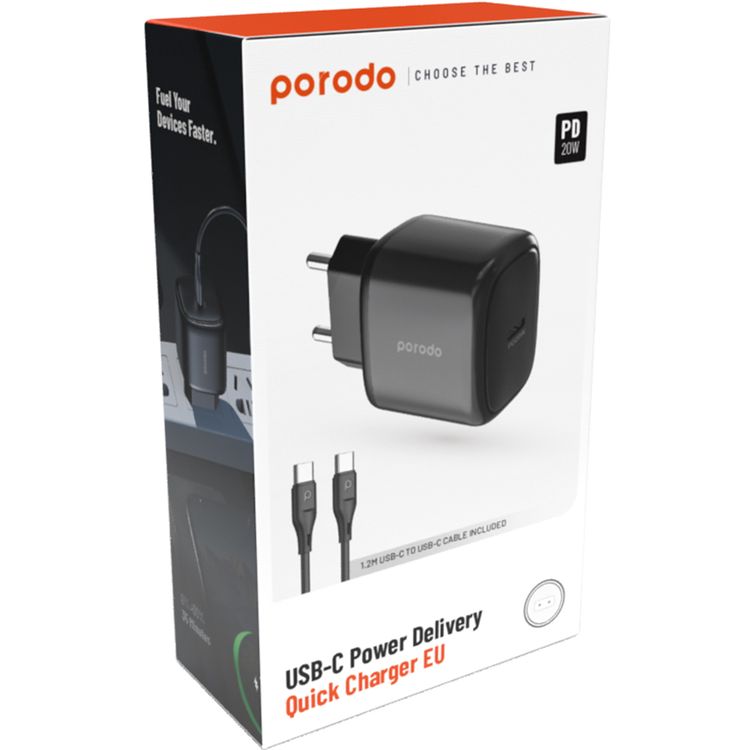 Porodo EU Quick Charger with 1.2m USB-C to USB-C Cable, 20W Power Delivery, Overheat Protection, Simultaneous Charging, 0%-60% Charge in 35 Minutes - Black