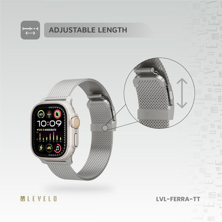 Levelo Ferra Milanese Watch Strap with Adjustable Length, Compatible with 49/46mm Smartwatches & Apple Watch SE, Series 9, 8, 7, 6, 5, Hypoallergenic Material, 24/7 Wearability, Water-Resistant, Anti-Oxidation Technology - Titanium