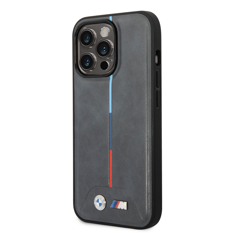 BMW M Collection Quilted PU Case with Hot Stamped Tricolor Stripe and Printed Logo iPhone 14 Pro Compatibility - Grey