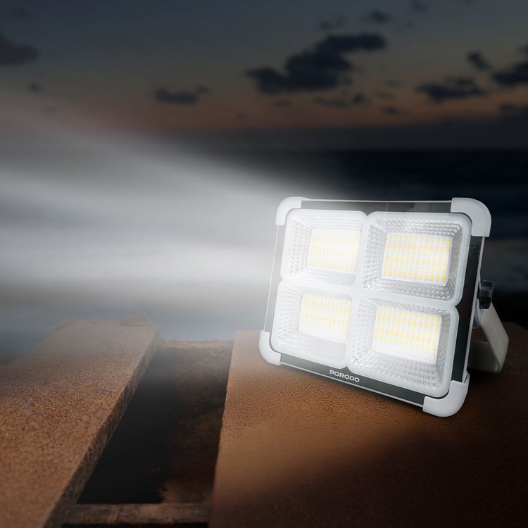 Porodo Sunlite Solar-Powered Rechargeable Outdoor LED Light with 5 Lighting Modes, Up to 10 Hours Working Time, 7200mAh Battery, 8 Hours Recharge Time, Power Bank Functionality, Side Flashlight - White