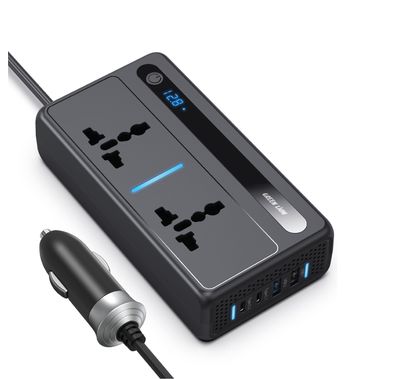 Green Lion GC-250 Car Inverter with 200W Power, Built-in Cooling Fan, LED Display, 2 Universal Sockets, Breathing Lights, 53cm Power Cord, Multiple Protection - Black