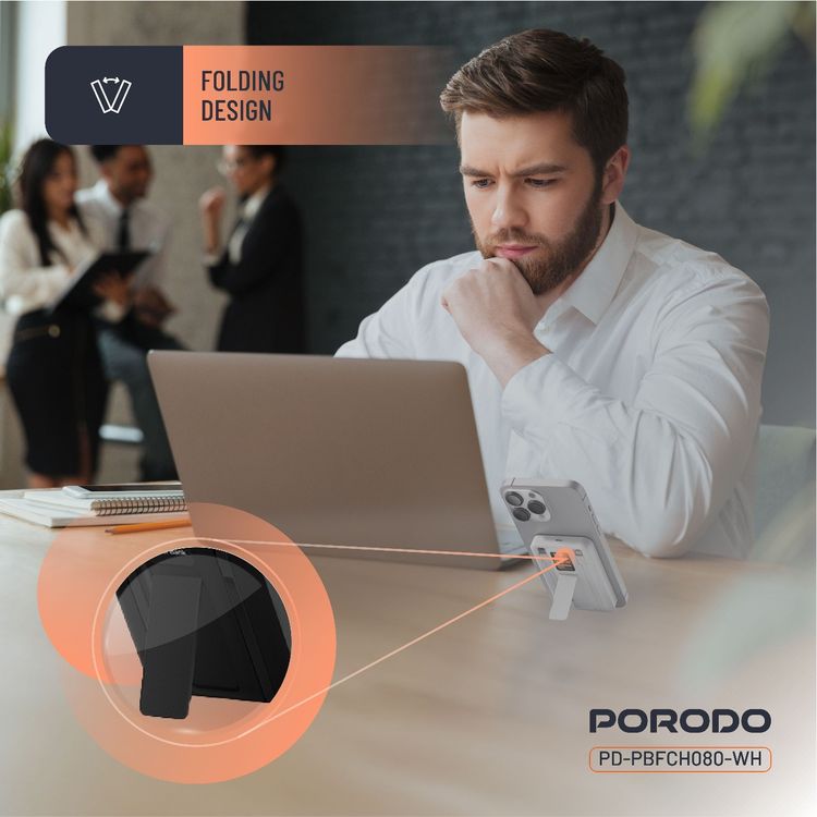 بورودو بنك طاقة لاسلكي مغناطيسي 10000 مللي أمبير/ساعة مع حامل كابل مدمج USB-C + Lightning، شحن متزامن، شاشة رقمية، PD 22.5 واط - أبيض