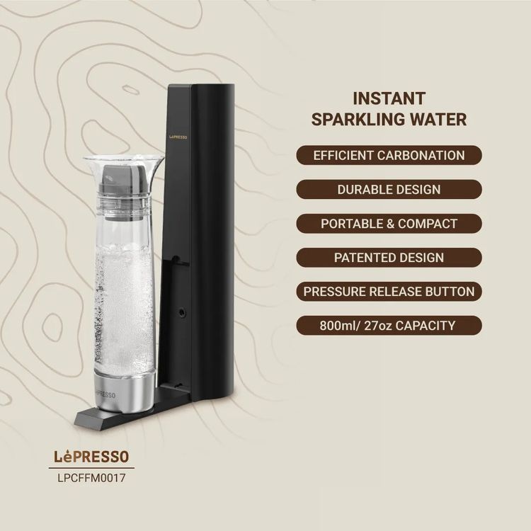 LePresso Carbonator Instant Sparkling Water with Efficient Carbonator, Pressure Release Safety Valves, Stand-Alone Operation, Gas Fills From Bottom, Portable & Compact, Patented & Durable Design - Black