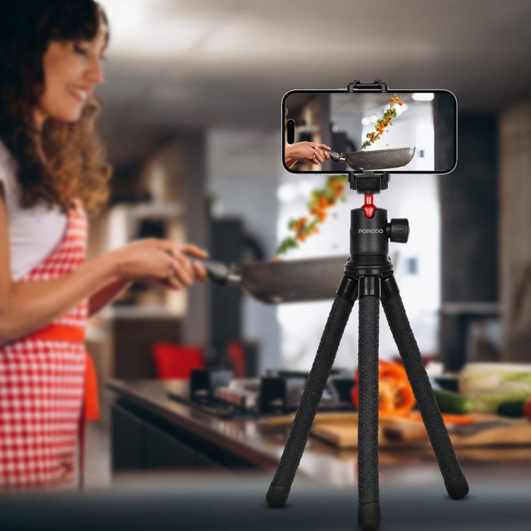 Porodo Flexible Foldable & Extendable Tripod with Phone Holder, ABS + Rubber Material, Non-Slip Grip, 330mm Folded Length, Lightweight & Portable, 39cm Extended Height - Black
