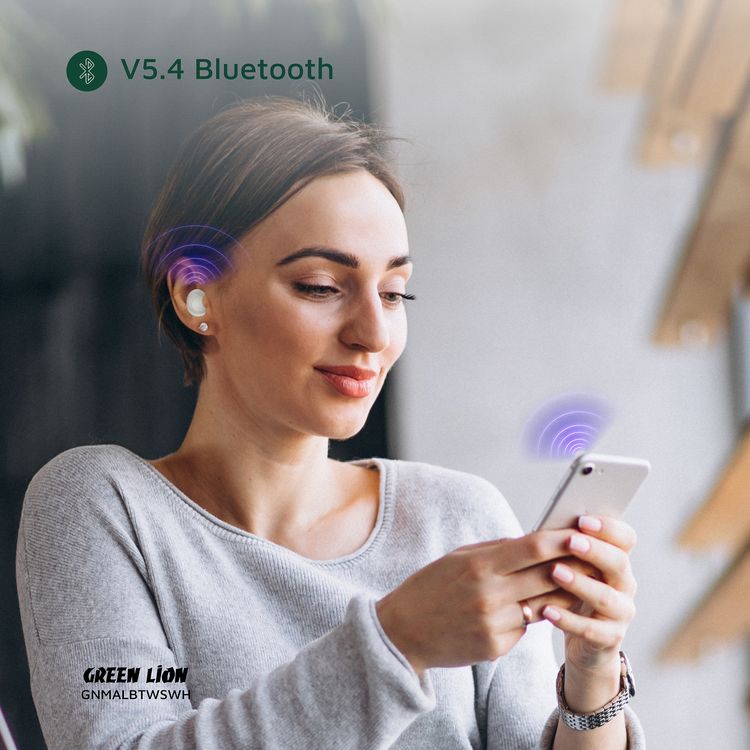 سماعات الأذن اللاسلكية الحقيقية جرين ليون مالبون مع تقنية ENC، وميكروفونات مزدوجة، ومنفذ شحن من نوع C، وإصدار بلوتوث 5.4. مدى بلوتوث 10 متر، بطارية علبة بسعة 300 مللي أمبير، وقت شحن ساعتين، ووقت استعداد 21 ساعة، عرض مستوى البطارية - أبيض