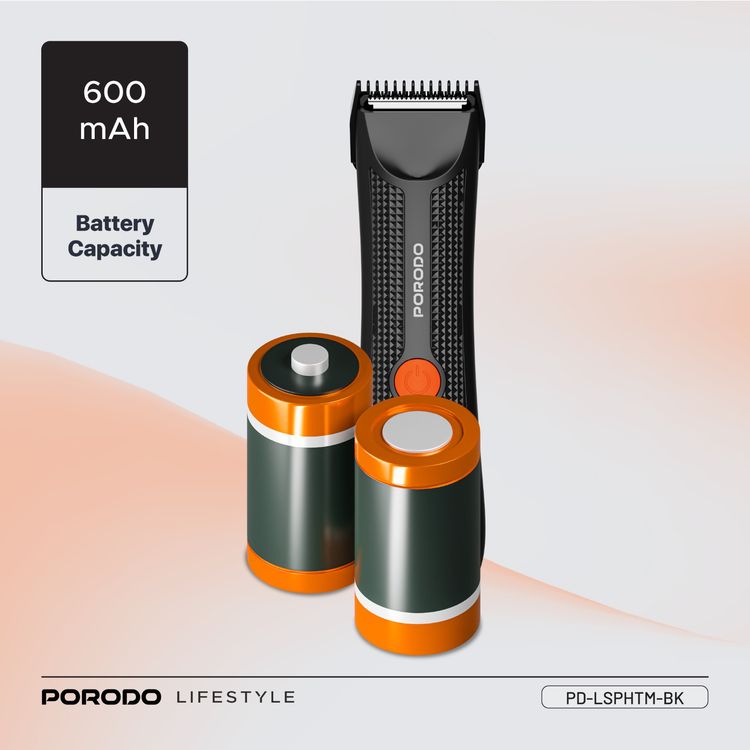 Porodo Lifestyle Sensitive Parts Hair Trimmer, 3.7V 600mAh Battery Capacity, 80 Minutes Working Time, 90 Minutes Charging Time, Ergonomic no-Slip Handle, IPX5 Water-Resistant - Black